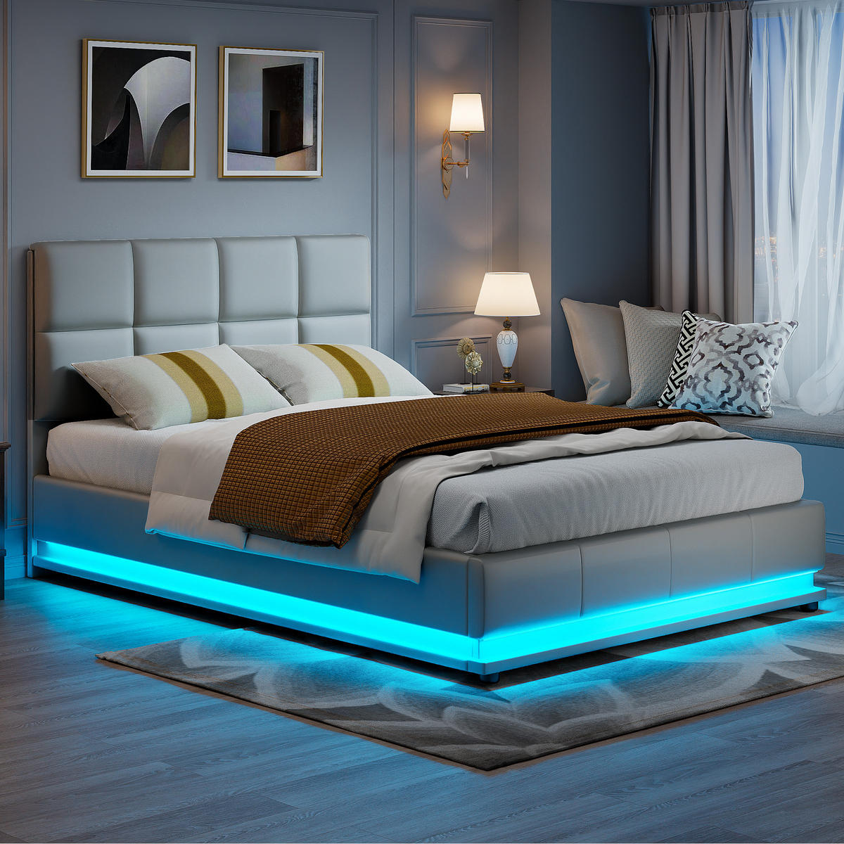 POLSTERBETT 140x200 cm LED Stauraum Lattenrost PU Kopfteil grau - Grau, Holz (140/200cm) - LEBENLANG