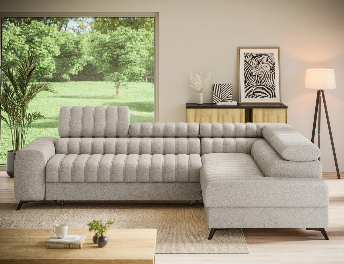 KANEDO Ecksofa mit Schlaffunktion und Bettkasten – Modernes Designsofa, verstellbare Kopfstützen, Metallfüße - Beige, Kunststoff (269/86cm) - Wohnideebilder