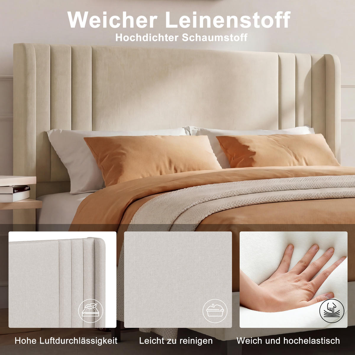 POLSTERBETT 140x200 cm Doppelbett mit Lattenrost, Leinenstoff Beige - Beige, Metall (140/200cm) - EuroLiving