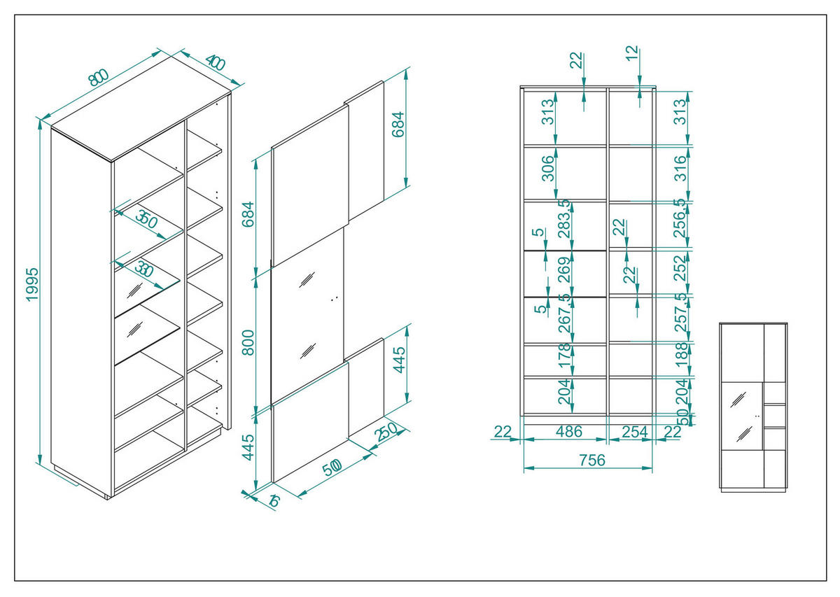 VITRINE M18 Thermo Oak & Anthrazit 80/200/40 cm hoch breit - Graubraun, Holzwerkstoff (80/200/40cm) - Livojo