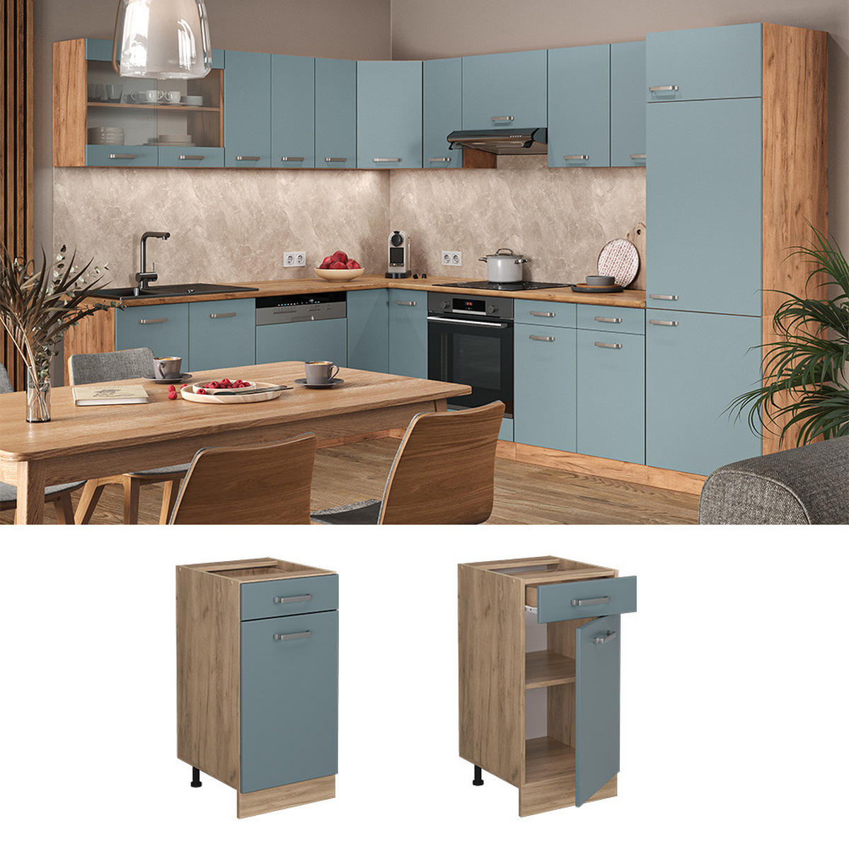 KÜCHENUNTERSCHRANK R-Line Blau-Grau 40 cm, AP Anthrazit - Eiche Wotan/Blaugrau, Holzwerkstoff (40/81.6/60cm) - Vicco
