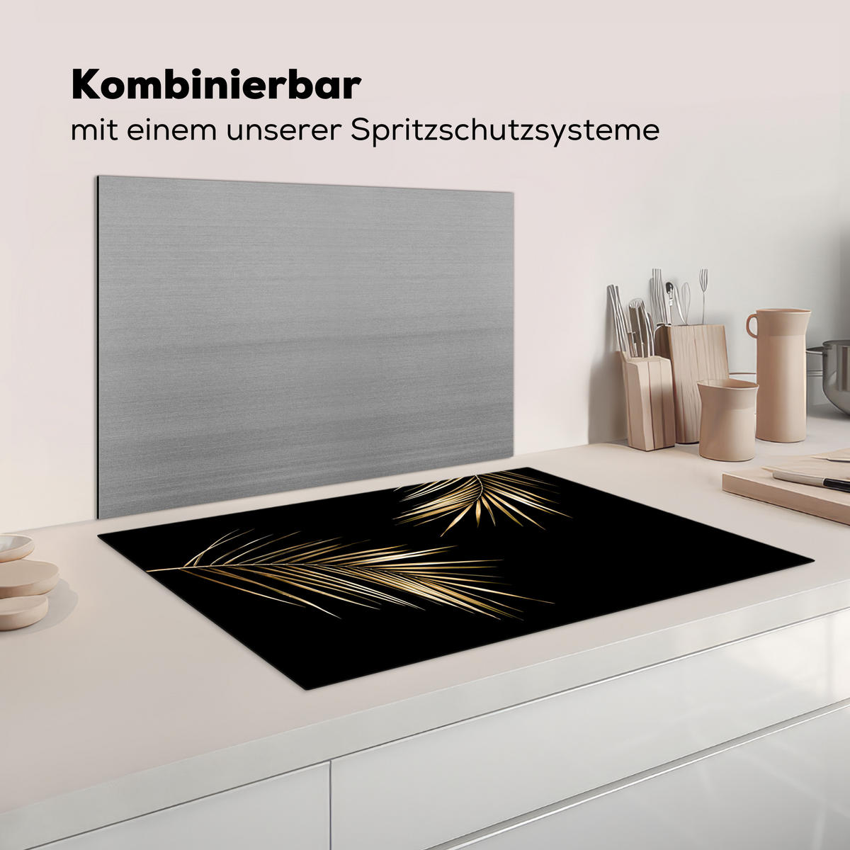 HERDABDECKPLATTE Blätter - Pflanzen - Gold - Schwarz - Luxus Ceranfeldabdeckung 80x52 cm - Goldfarben, Kunststoff (80/52/0.2cm) - MuchoWow