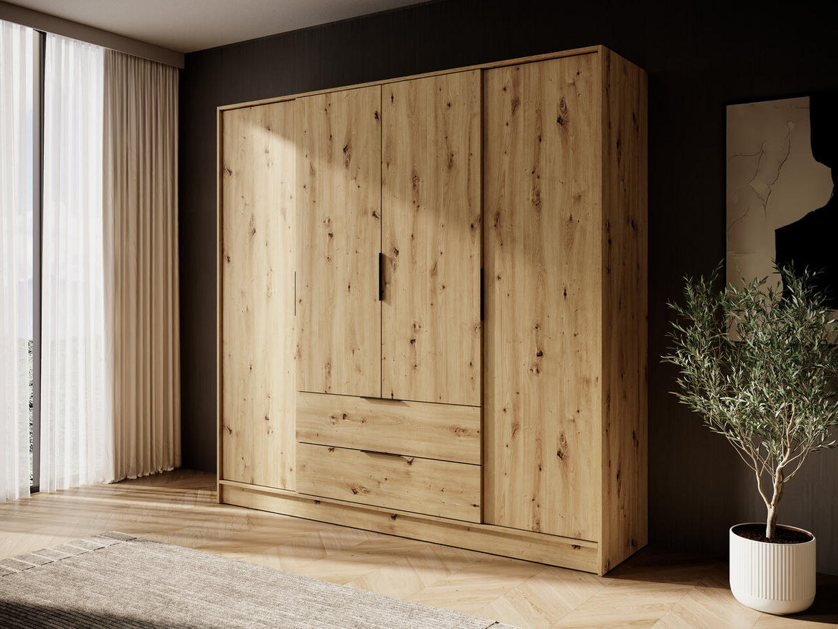 KLEIDERSCHRANK 206 cm Kalma, 4 Türen, 2 Schubladen, Eiche Artisan - Eiche Artisan, Holz (206/200/51cm) - Emporius
