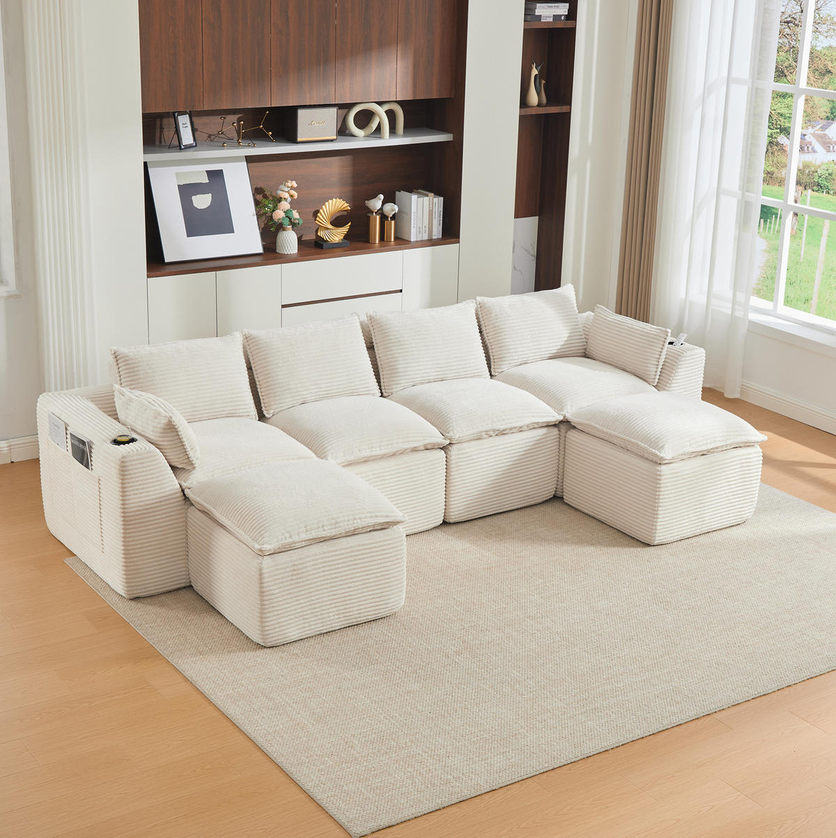 SOFA modular 322 x 161 cm Cord Beige 4-Sitzer mit 2 Fußhockern - Beige, Kunststoff (161/75/256cm) - Meubliv