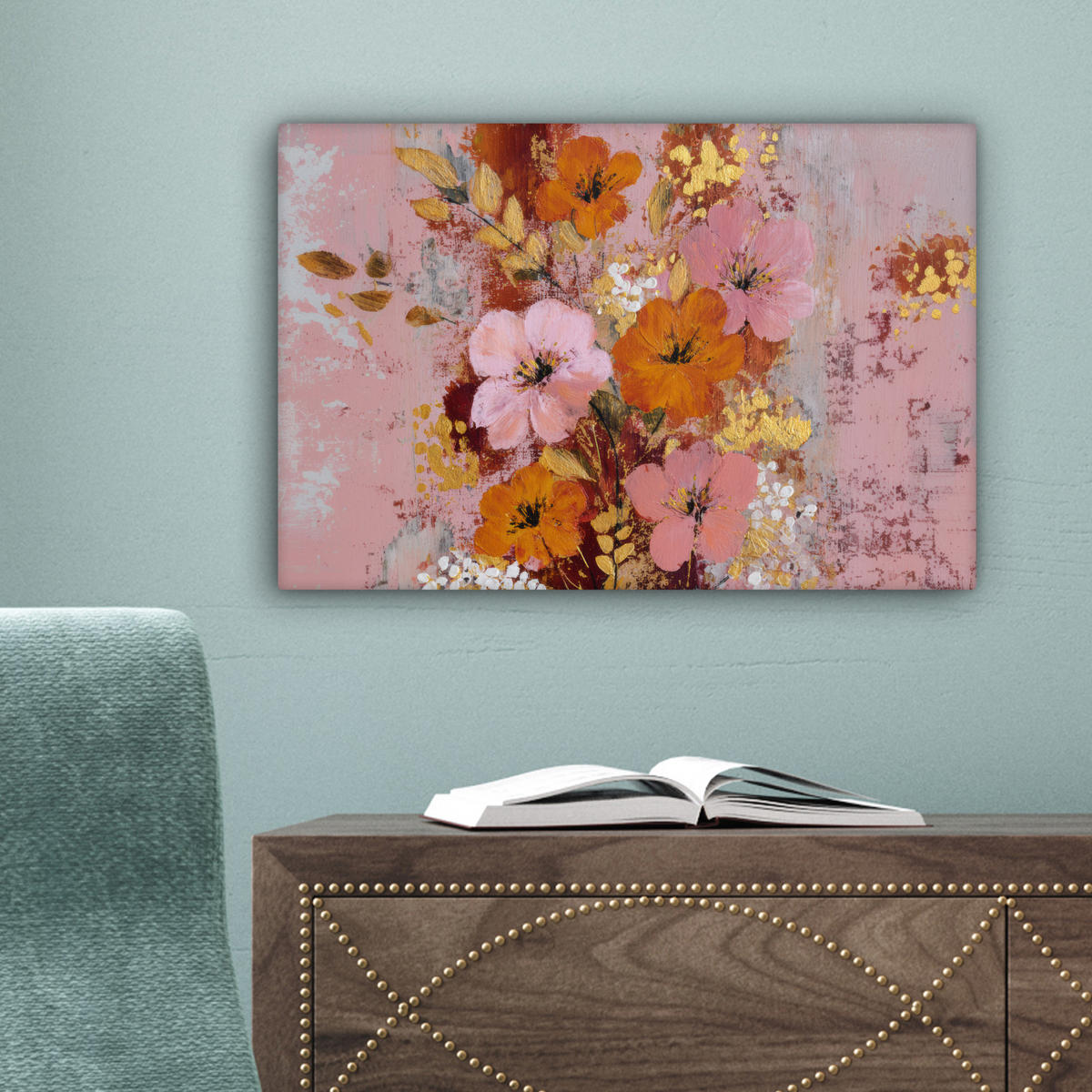 LEINWANDBILD Malerei - Blumen - Rustikal - Rosa Deko Schlafzimmer 30x20 cm - Altrosa, Textil (30/20cm) - MuchoWow