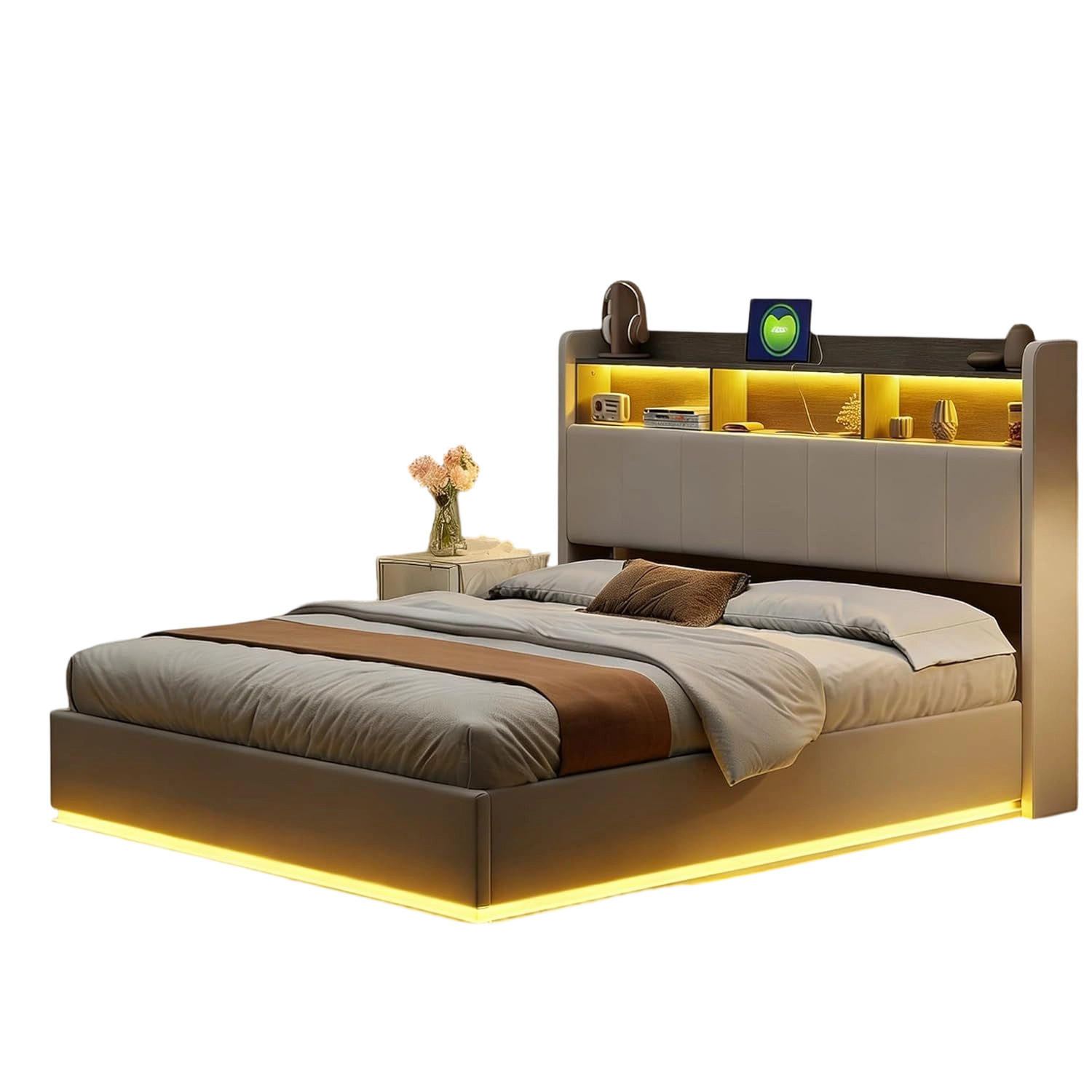 SHOPENTRA LED pásek s úložným prostorem pro manželskou postel 160x200 bílý samet