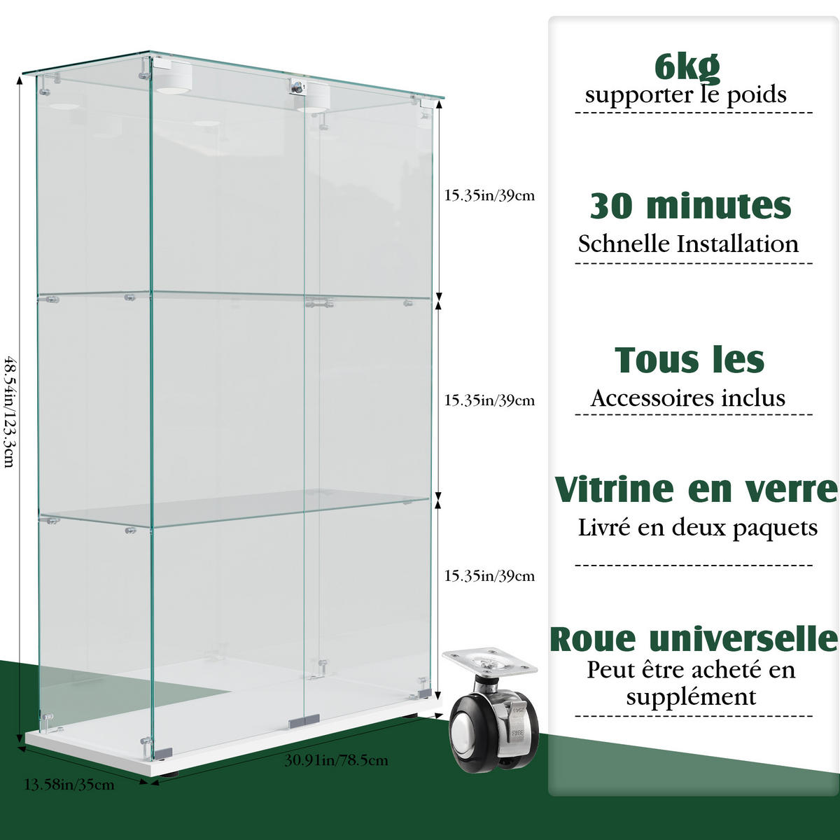 GLASVITRINE freistehend 2 Türen 3 Einlegeböden LED Touch weiß - Weiß, Holz (78.5/123.3/35cm) - LEBENLANG