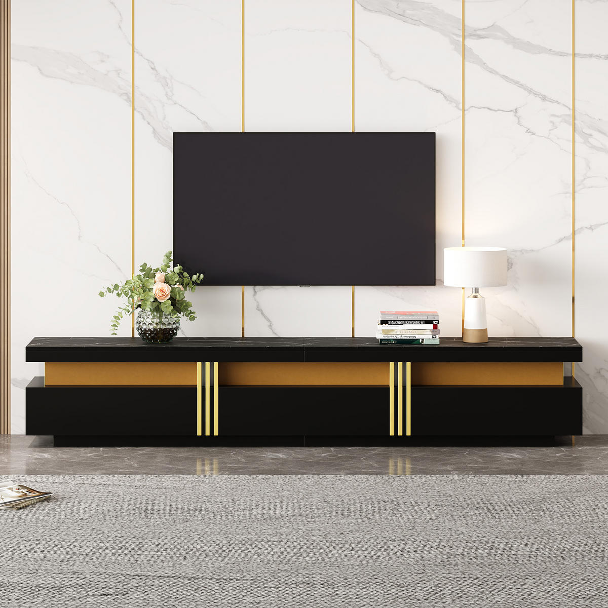 LOWBOARD mit Marmoroptik und Goldakzenten, 120/40/42 cm - Schwarz, Holzwerkstoff (40/42/200cm) - Urban Meuble