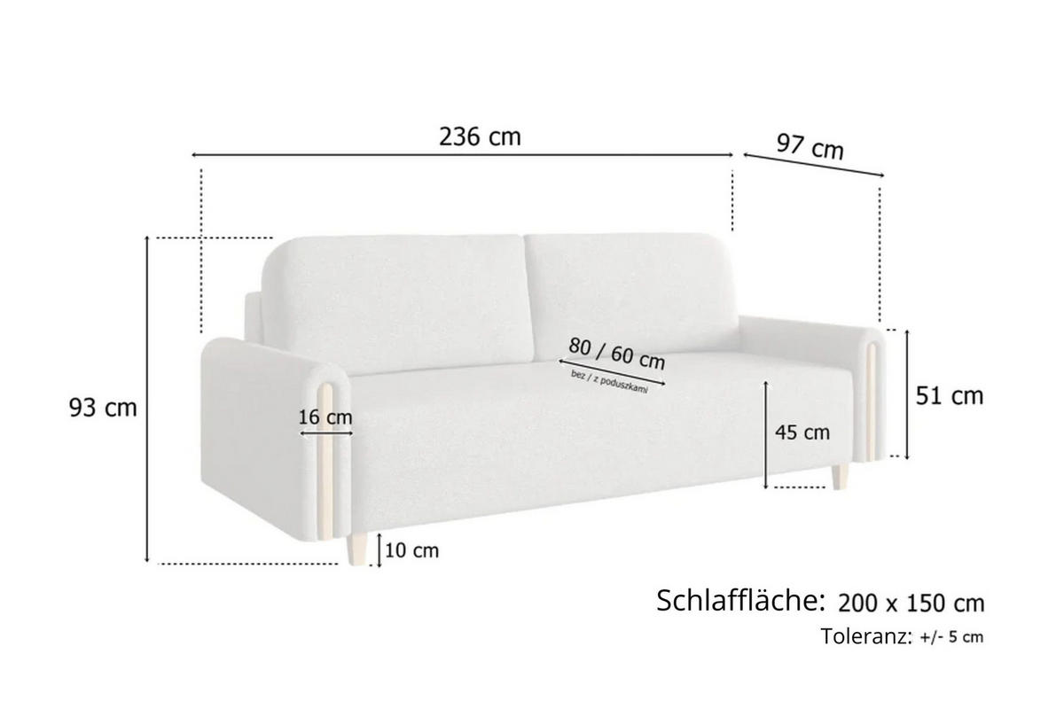 SCHLAFSOFA Modern, Sofa mit Schlaffunktion und Bettkasten, Farbe: Grau / Schwarz, Bouclé-Stoff - Schwarz/Grau, Textil (236/93/97cm) - Sepro Meble