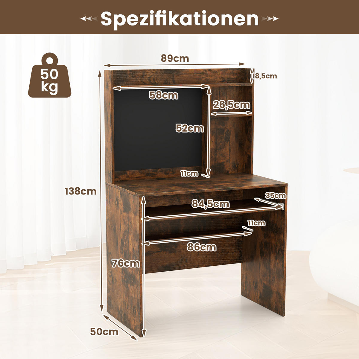 COMPUTERTISCH Braun - Braun, Holzwerkstoff (50/89/138cm) - COSTWAY