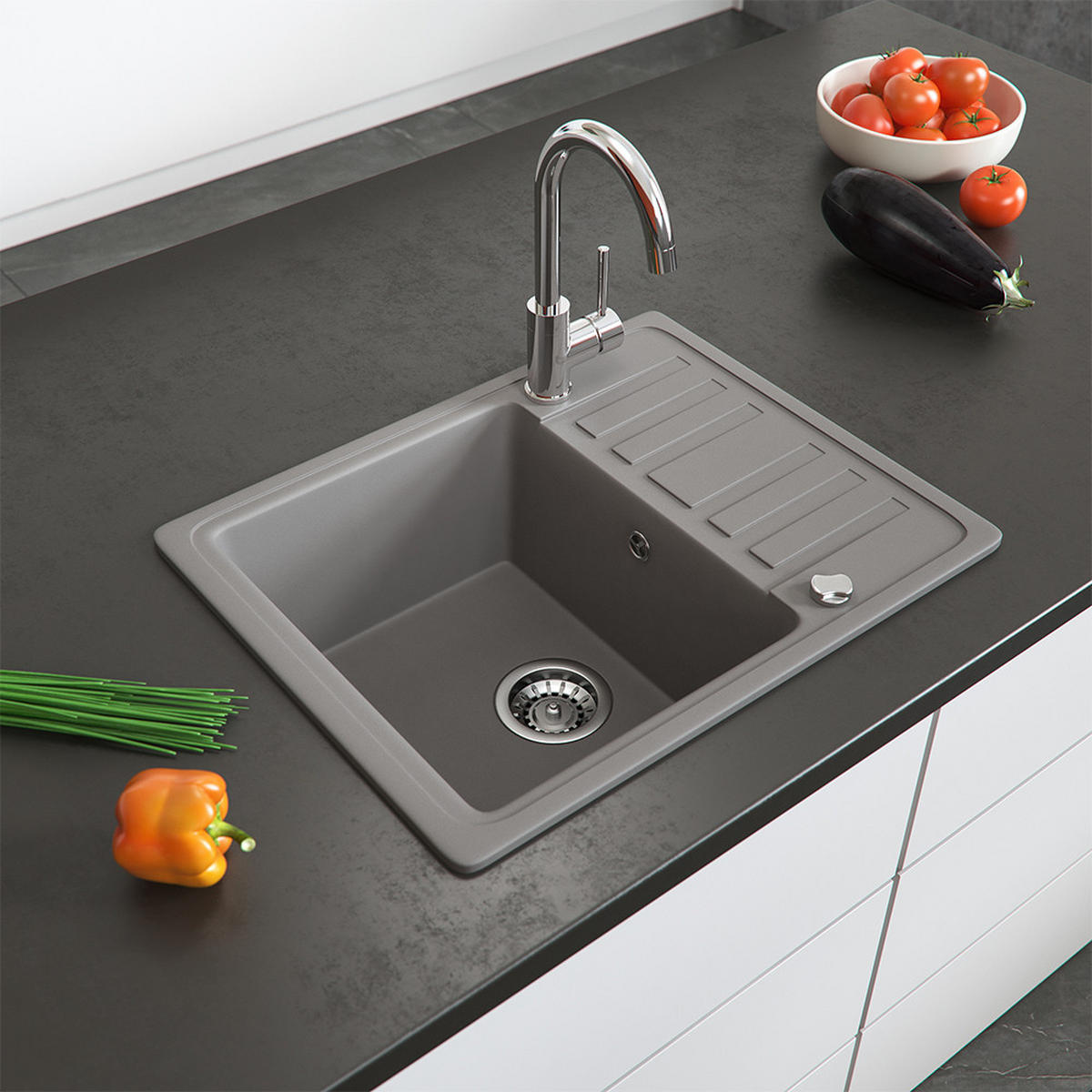SPÜLBECKEN Beton 57.5 x 46 cm mit Trockenplatz - Schieferfarben, Keramik (57.5/19/46cm) - Bergstroem
