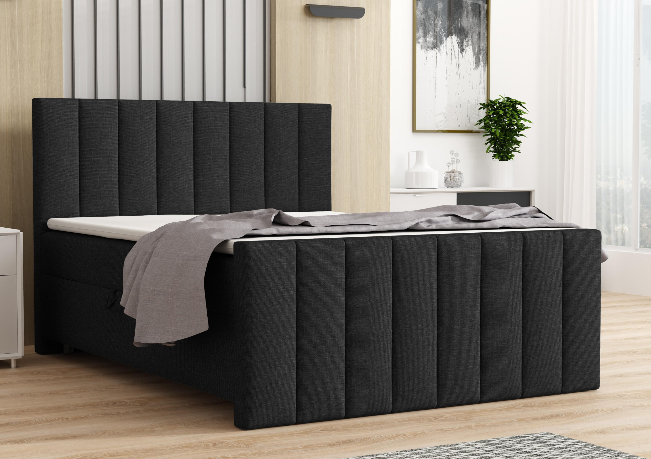 BOXBETT FEN 200/200 Webstoff Schwarz mit Bonell-Federkernmatratzen H3 - Schwarz, Holz/Holzwerkstoff (200/200cm) - Deine Möbel 24