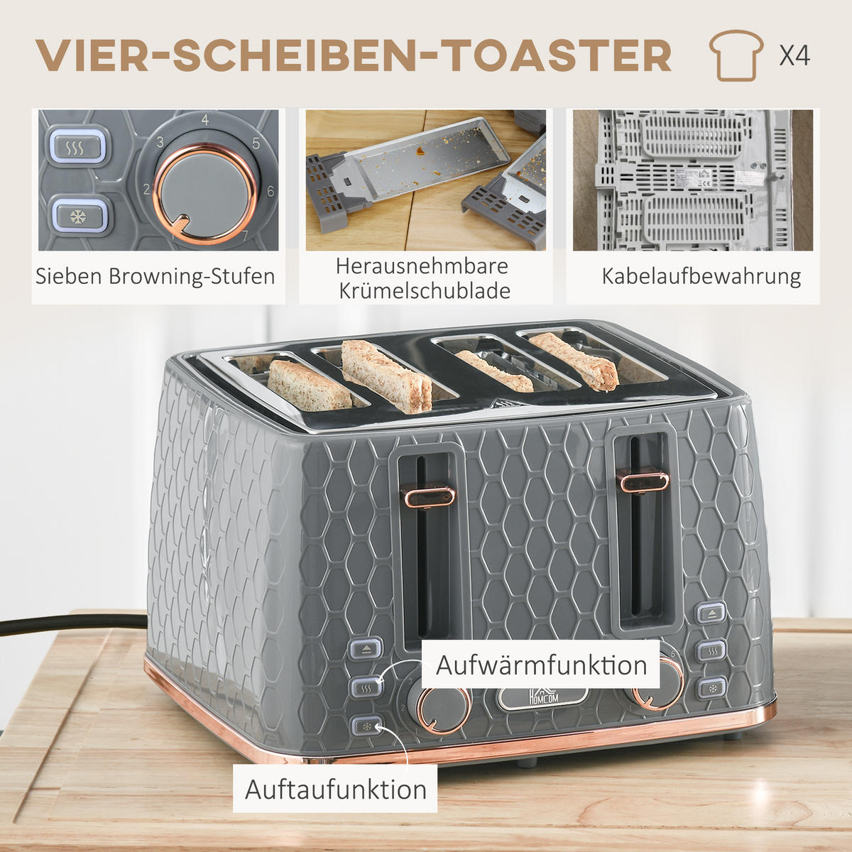 TOASTER mit Wasserkocher DE-07913 Grau - Grau, Kunststoff (19.5/23.4/24.2cm) - ComfortXL