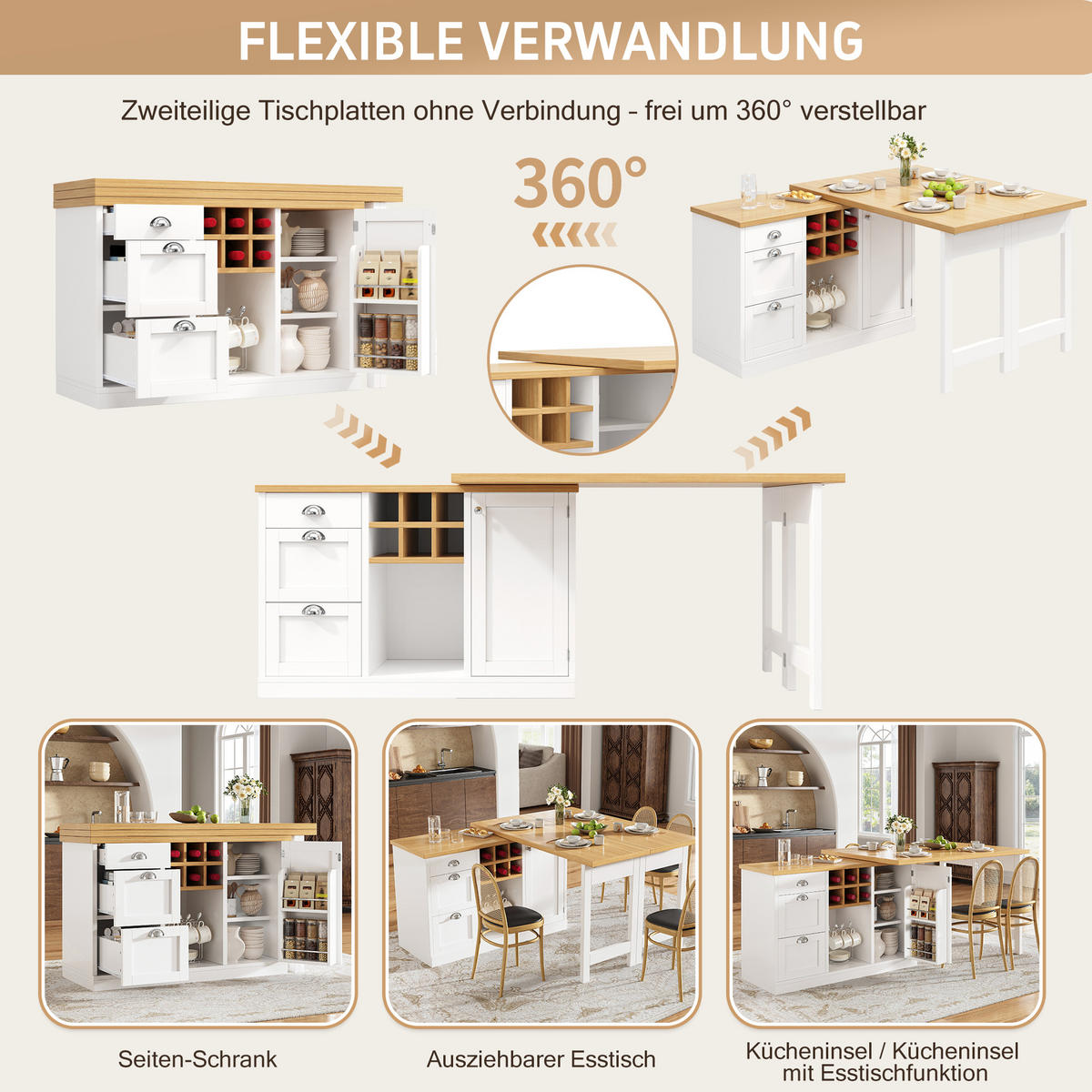 BARTISCH AUSZIEHBAR Stauraum Weinregal Schublade Weiß - Weiß, Holzwerkstoff (120/74/40cm) - FLIEKS