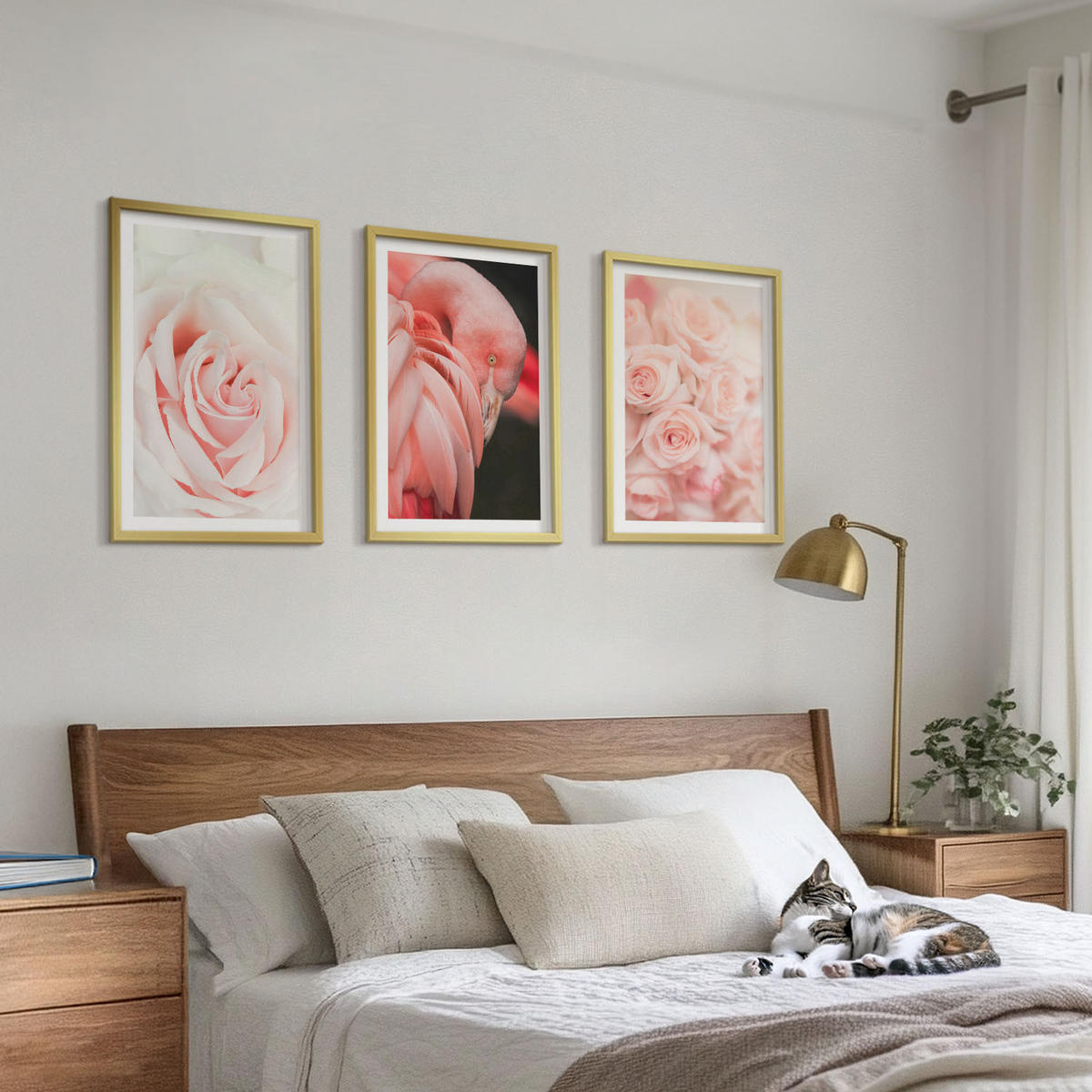 BILDER SET 3er Set - 40x60 cm Goldrahmen - Zartrosa Flamingos - Goldfarben, Kunststoff (40/60cm) - TULUP