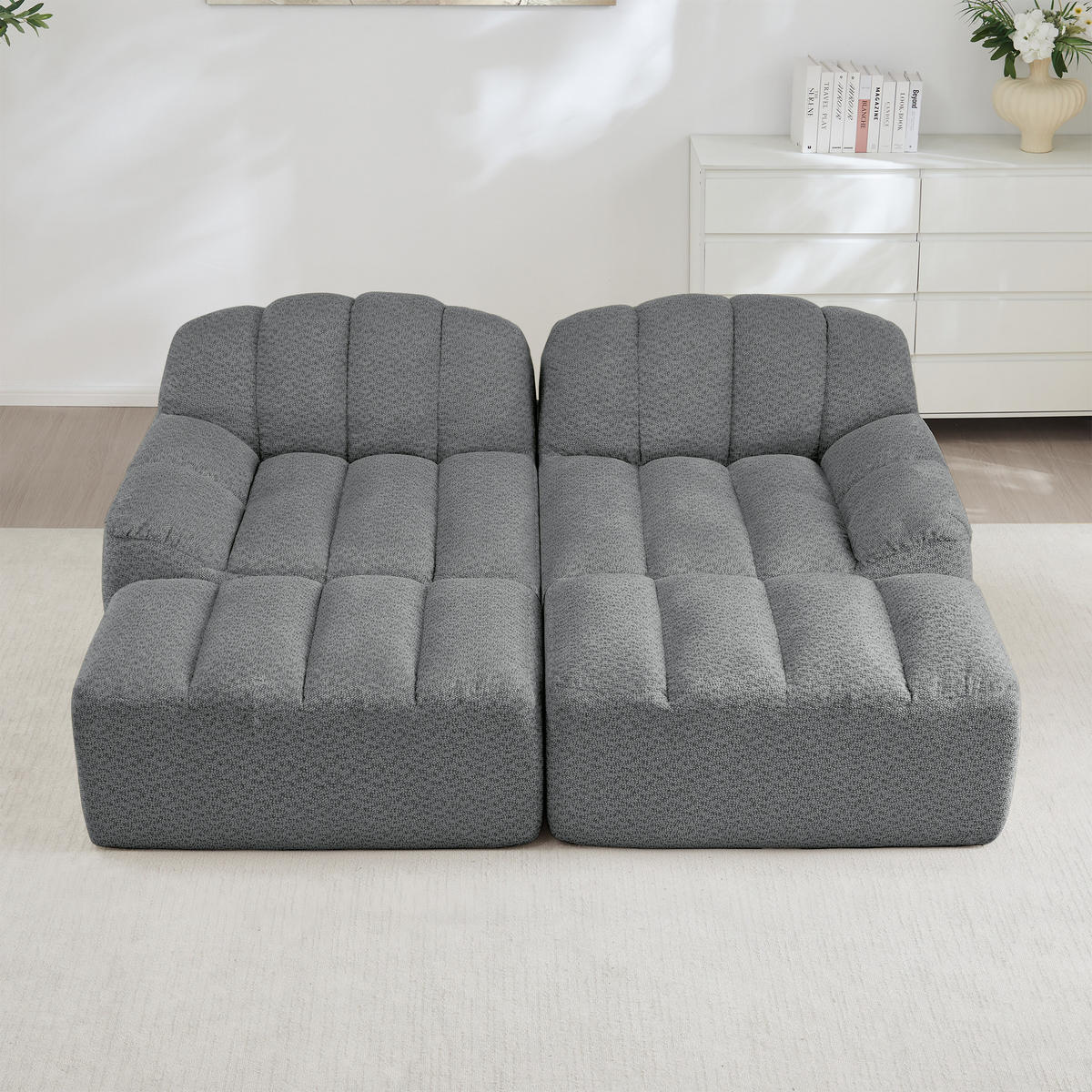 2-SITZER SOFA Granulierter Fleece Grau mit 2 Ottomans - Grau, Textil (210/79/165cm) - WISHDOR