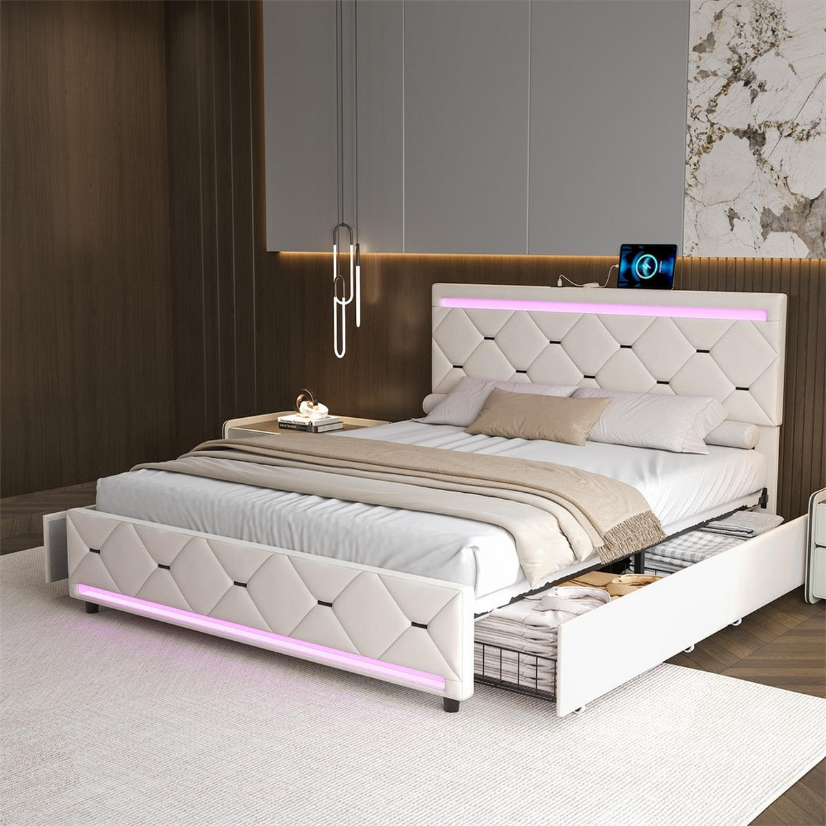 POLSTERBETT 140x200 cm - Doppelbett mit 4 Schubladen und LED-Beleuchtung an Kopfteil und Fußteil - ohne Matratze - Beige, Textil (140/200cm) - DELFA