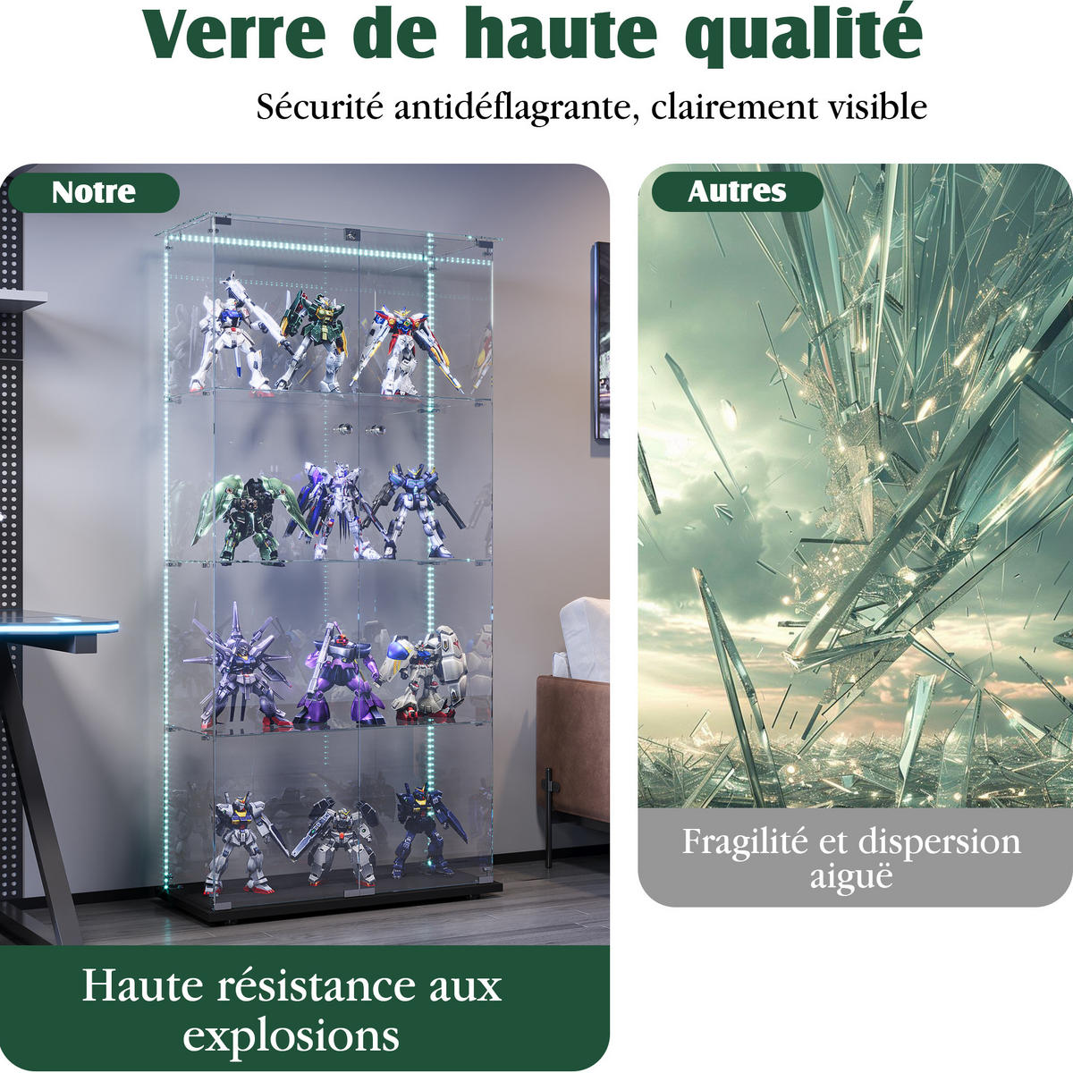 VITRINE 80x36x163 cm, LED, 4 Böden, 2 Türen, Schwarz - Schwarz, Holz (80/163/36cm)