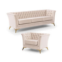 SITZGARNITUR 3+1 Chesterfield Whitby Beige Samt mit goldenen Füßen - Beige/Goldfarben, Holz/Textil (237/78/82cm) - S-Style Möbel