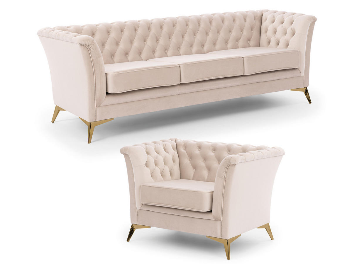 SITZGARNITUR 3+1 Chesterfield Whitby Beige Samt mit goldenen Füßen - Beige/Goldfarben, Holz/Textil (237/78/82cm) - S-Style Möbel