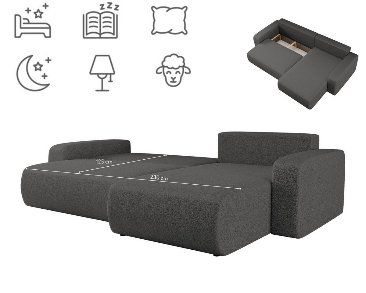 SCHLAFSOFA MILANO XL Und Bettkasten Stoff Quelle Graphit Rechts - Graphitfarben, Holz (274/82/145cm) - Kaiser Möbel