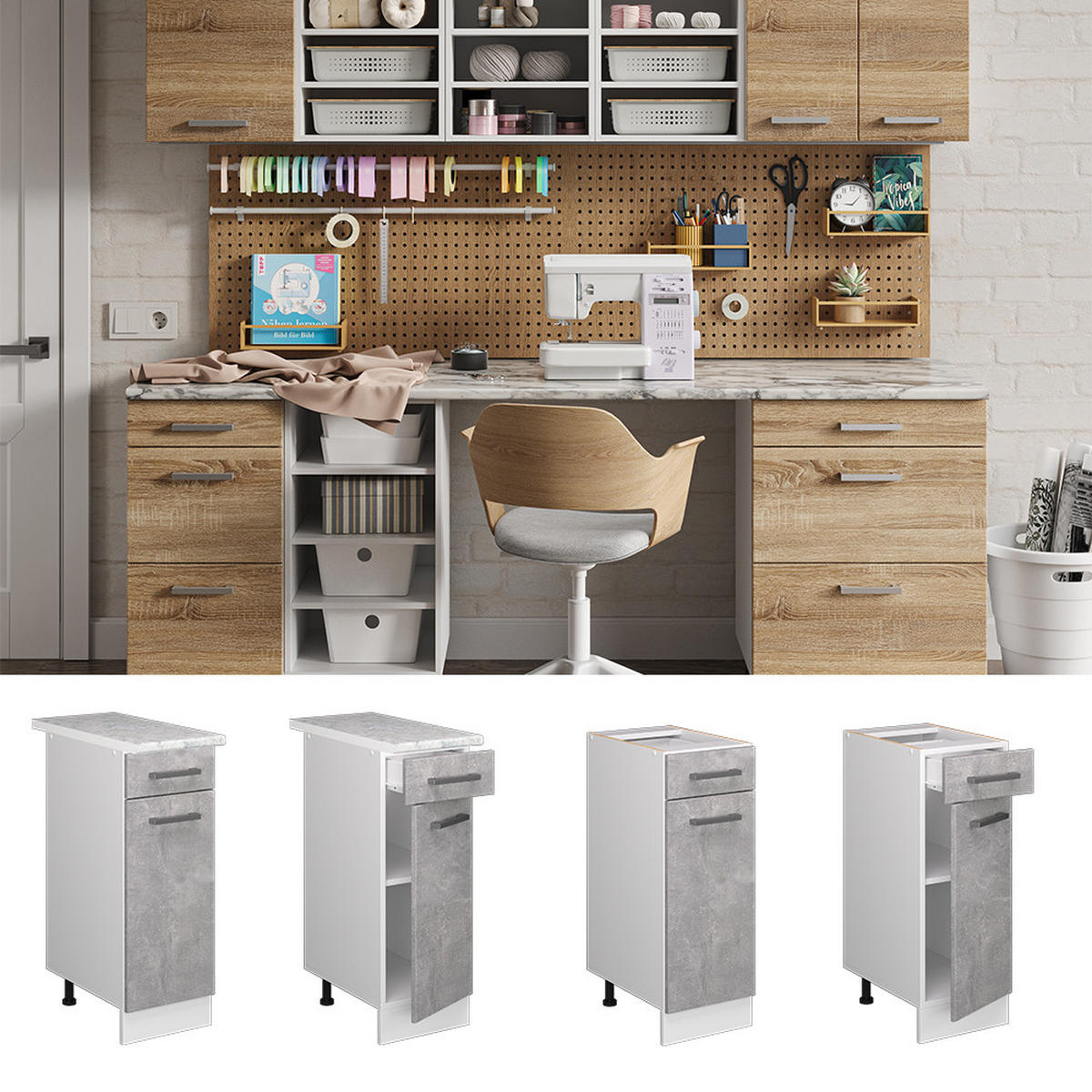 UNTERSCHRANK R-Line Beton 30 cm mit Schublade, mit Arbeitsplatte - Weiß/Grau, Holzwerkstoff (30/81.6/60cm) - Vicco
