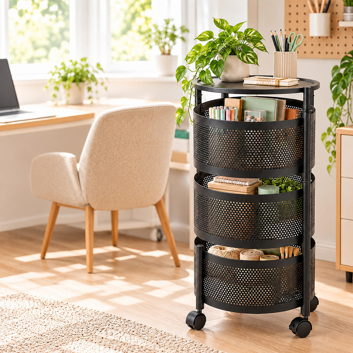 ROLLWAGEN Schwarz 3 Ablagen - Schwarz, Kunststoff/Metall (32/60/32cm) - Relaxdays