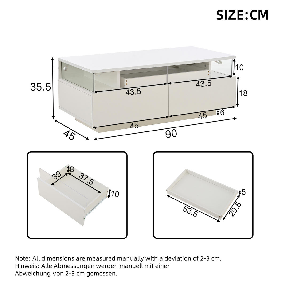 KLUBSKA miza, 90/45/35,5 cm bela, z LED-osvetlitvijo in 2 predaloma - bela, leseni material (90/45/35.5cm) - BEAOK