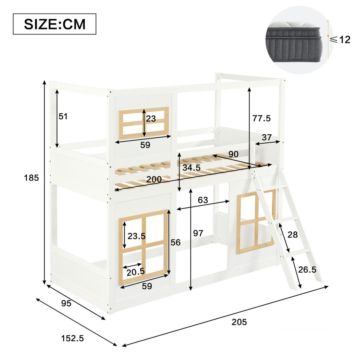 ETAGENBETT 90/200 cm in Weiß/Natur mit Fenstern und Rundumschutz - Weiß, Holz (90/200cm) - BEAOK