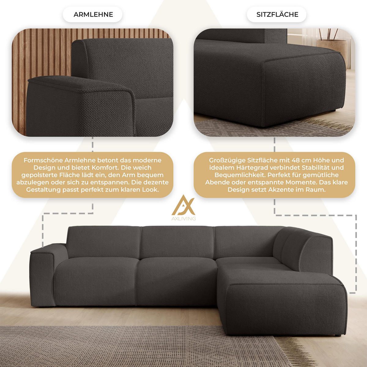 ECKSOFA L Form Didim Grau 292/220/78 cm – großes Sofa stilvoll & bequem R - Schwarz/Grau, Kunststoff/Textil (292/220cm) - AX Living