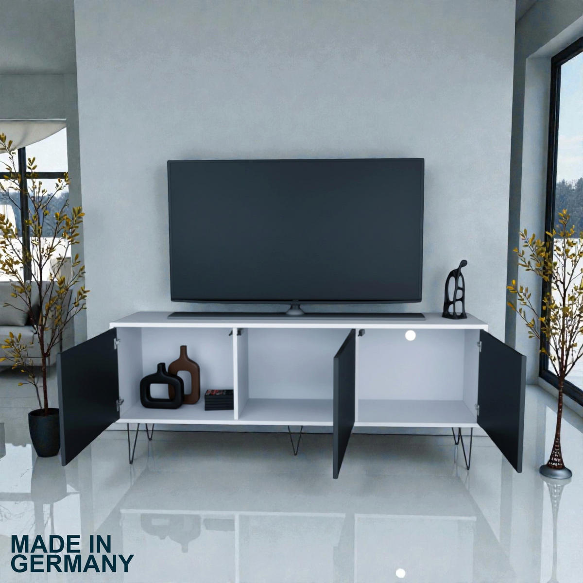 TV-BOARD Elena, Lowboard mit Push-to-Open, Made in Germany, Moderner Fernsehschrank, Weiß matt (152,5 x 43 x 37 cm) - Weiß, Holzwerkstoff (152.5/43/37cm) - InnoFurn