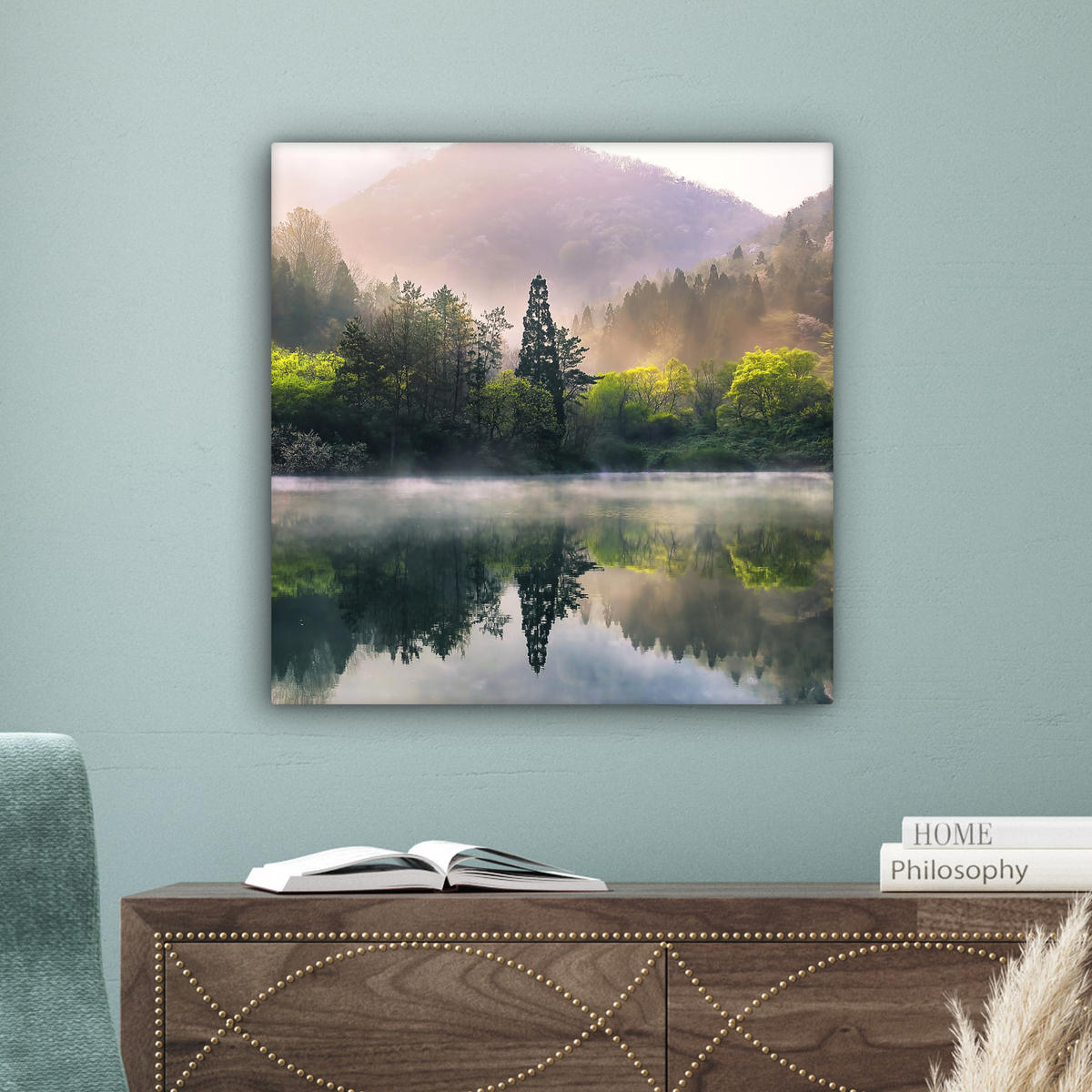 LEINWANDBILD Natur - Bäume - Berge - See - Wasser 50x50 cm - Hellgrün, Textil (50/50cm) - MuchoWow