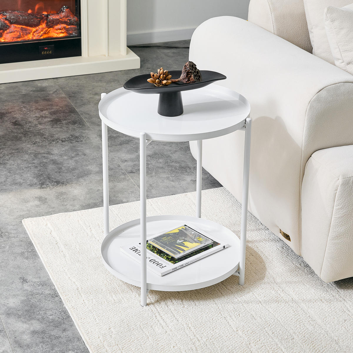 BEISTELLTISCH DE-37346 2-etagig rund mit Metallrahmen und Ablage Weiß - Weiß, Metall (42/42/52cm) - ComfortXL
