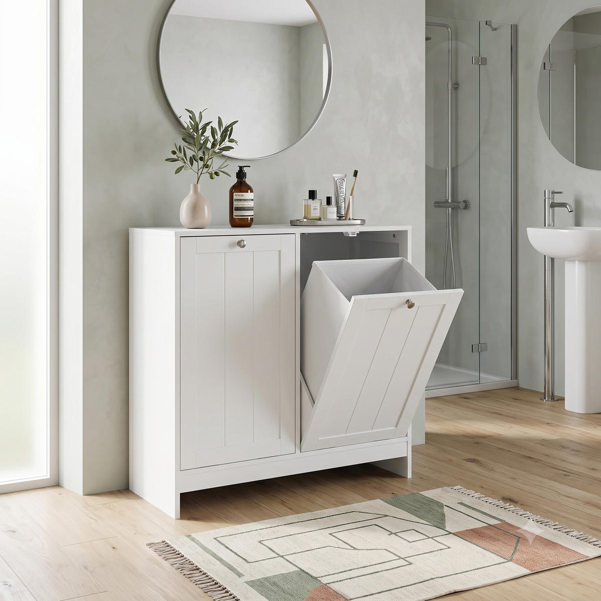 KOŠ NA PRÁDLO Výklopný, bílý, se 2 vyjímatelnými koši - bílá, kompozitní dřevo (66/68/33cm) - Urban Meuble