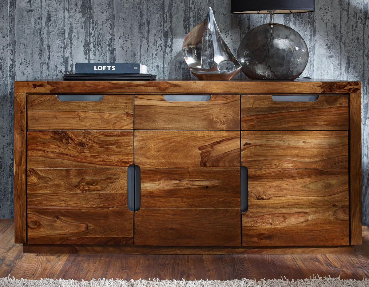 SIDEBOARD Sheesham 150x45x75 walnuss lackiert DUKE #127 - Dunkelbraun, Holz (150/75/45cm) - Massivmoebel24