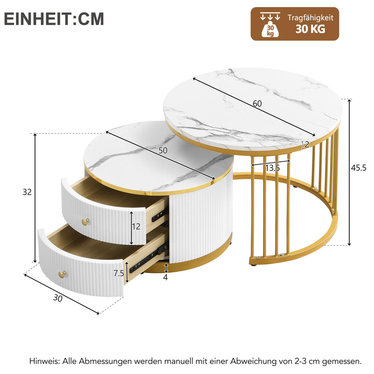 COUCHTISCH-SET 60/60/45,5 cm Weiß aus Holzwerkstoff mit Schubladen und Nestfunktion - Weiß, Holzwerkstoff (60/60/45.5cm) - OKWISH