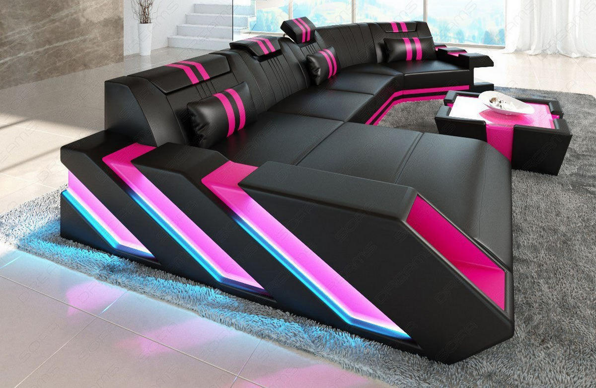 WOHNLANDSCHAFT Apollonia C - Pink/Schwarz, Leder (420/78/190cm) - Sofa Dreams