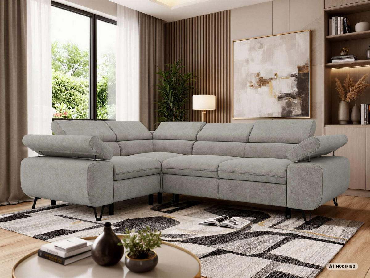 ECKSOFA FALCO L - Hellgrau Stukture - Links Seite - Hellgrau/Schwarz, Textil/Metall (197/268cm) - MKS