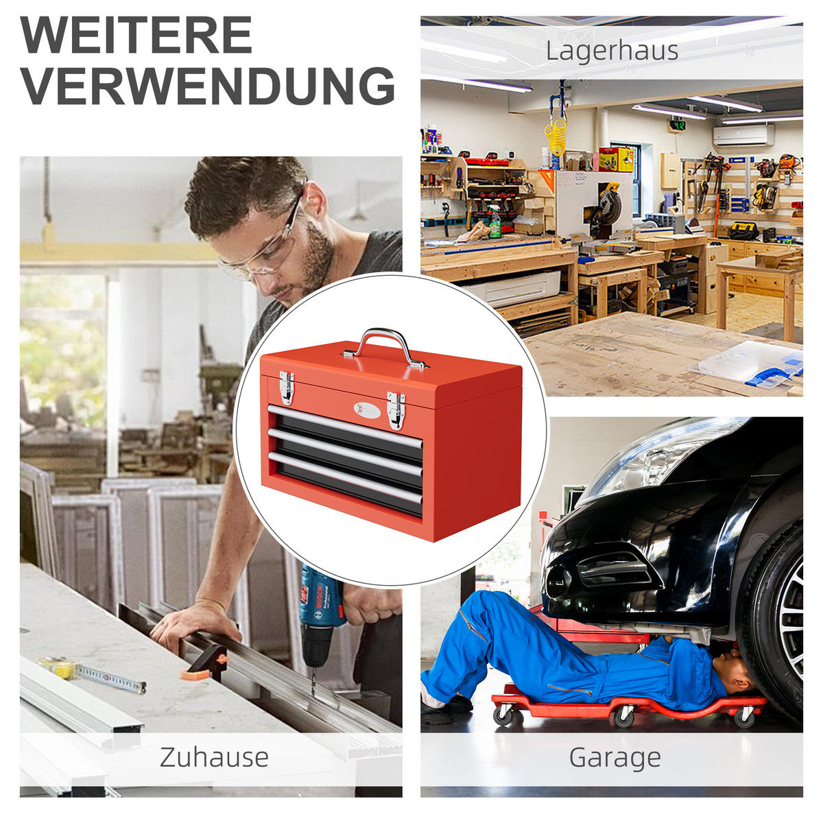 WERKZEUGKISTE leer, 45 x 24 x 27 cm Werkzeugkasten mit 3 Schubladen, Rot - Rot, Metall (45/27/24cm) - DURHAND