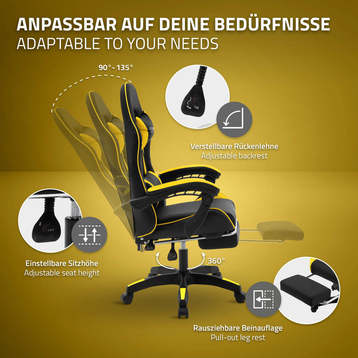 GAMINGSTUHL Schwarz-Gelb aus Kunstleder - Gelb/Schwarz, Kunststoff/Metall (62/119/62cm) - ML-DESIGN