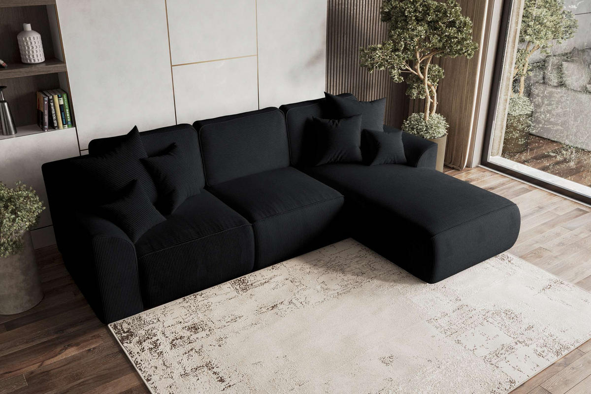 ECKSOFA GUSTO Cordstoff Schwarz Rechts inkl. Schlaffunktion - Chromfarben/Schwarz, Kunststoff/Textil (295/194cm) - 99rooms