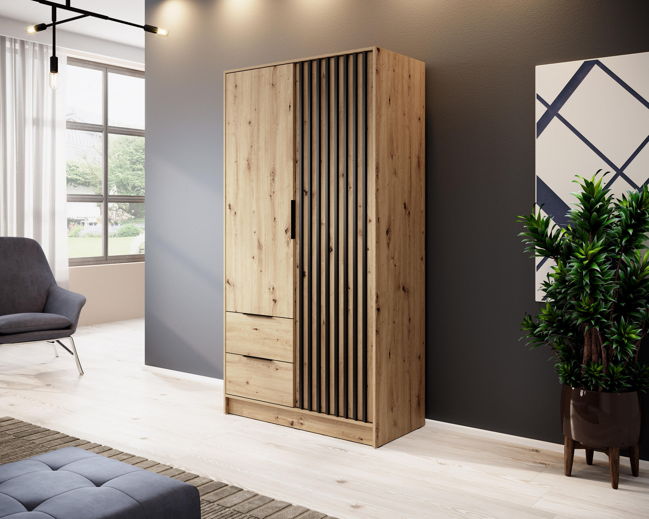 KLEIDERSCHRANK Nelly Artisan Eiche, Schwarz Lamellen, Schrank Zweitürige, Garderobe mit Schubladen - Eiche Artisan, Holzwerkstoff (105/200/51cm) - Bettso