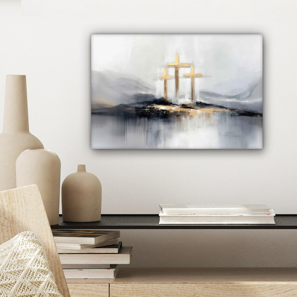 LEINWANDBILD Abstrakt - Malerei - Christentum - Kreuz Deko Schlafzimmer 30x20 cm - Weiß, Textil (30/20cm) - MuchoWow