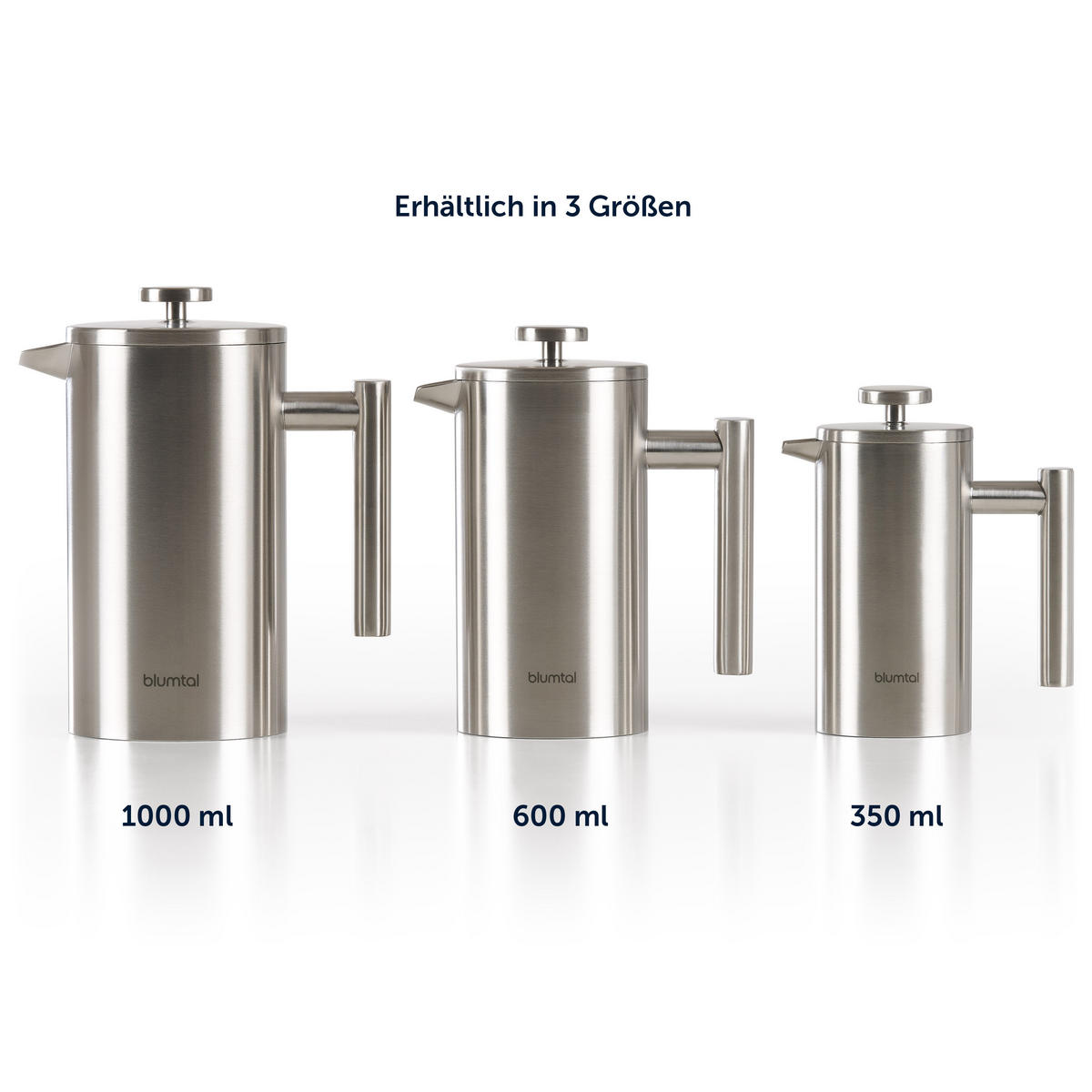 KAFFEEBEREITER French Press Edelstahl - doppelwandig isoliert mit Messskala inkl. Ersatzfilter & Anleitung, Spülmaschinengeeignet - Edelstahlfarben, Metall (14/13/21cm) - Blumtal