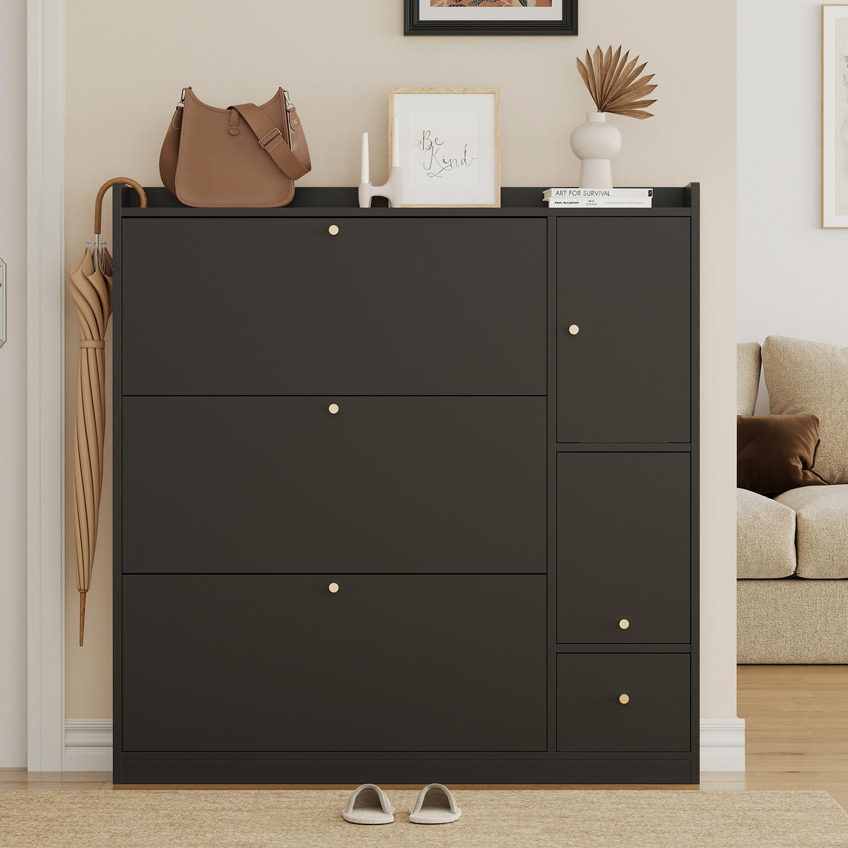 SCHUHSCHRANK mit Klappen 119/24/122 cm in Schwarz mit Sitzbank und Schublade - Schwarz, Holzwerkstoff (119/122/24cm) - BEAOK
