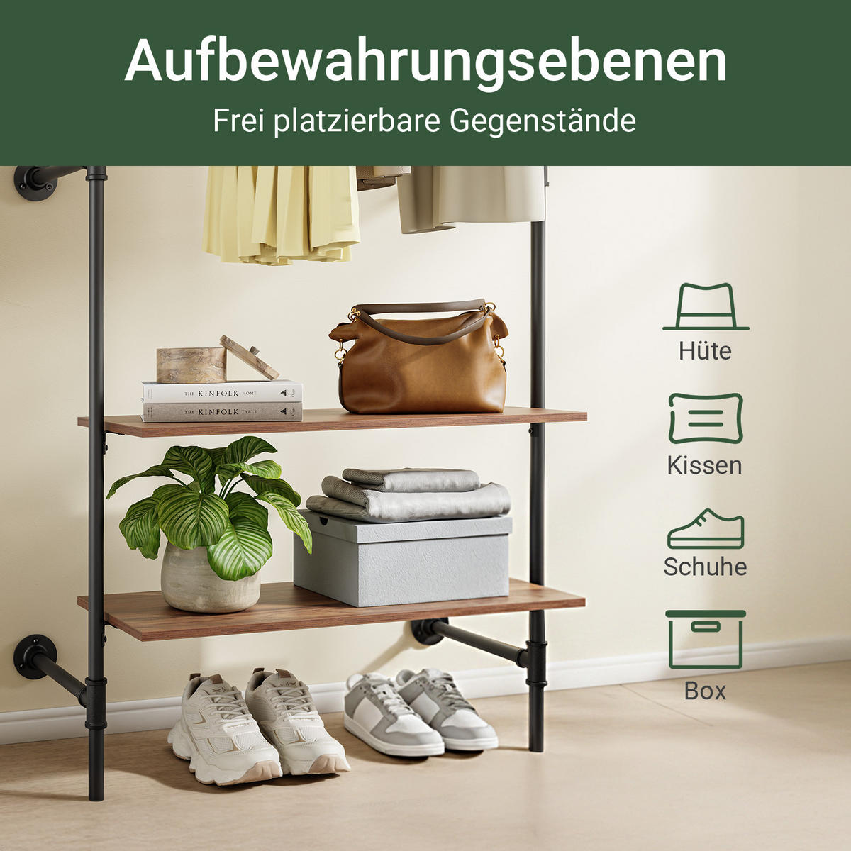 KLEIDERSTANGE mit 2 Regalböden, 45kg Tragkraft, 91,5x48x220cm - Schwarz, Metall (48/220/91.5cm) - SoBuy