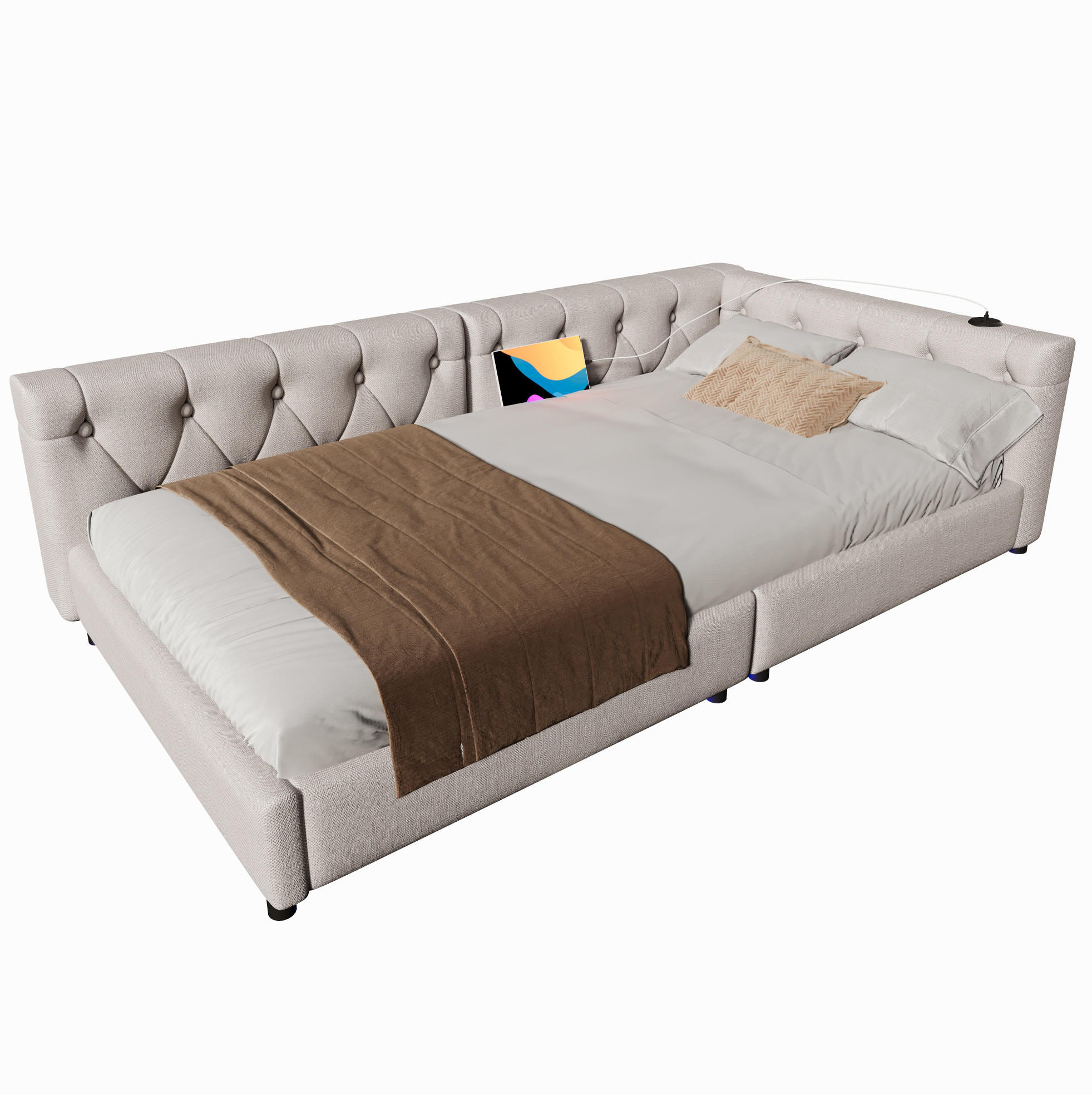 POLSTERBETT mit LED-Beleuchtung 90/200 cm in Beige mit USB und gepolstertem Kopfteil - Beige, Textil (90/200cm) - BEAOK