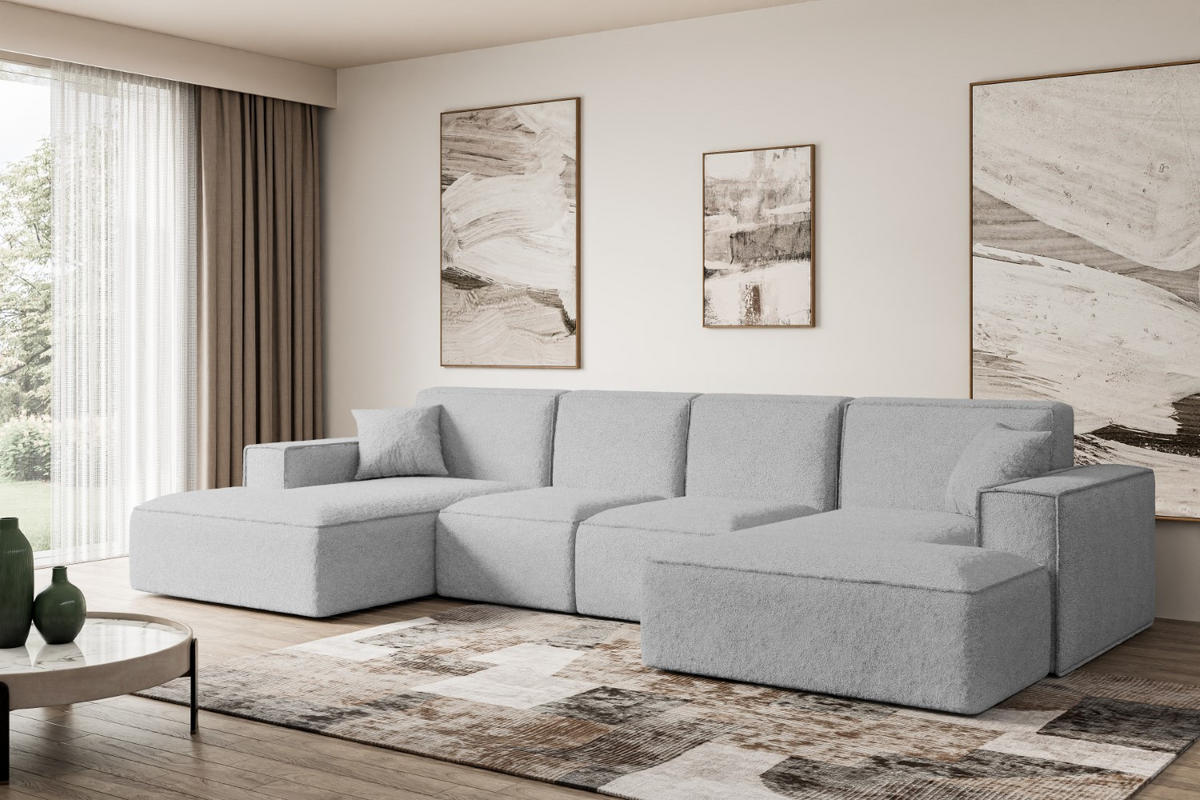 WOHNLANDSCHAFT SIERRA-U - 344x165x73 cm Hellgrau Bouclé - Hellgrau/Schwarz, Holzwerkstoff/Kunststoff (344/73/165cm) - ALTDECOR