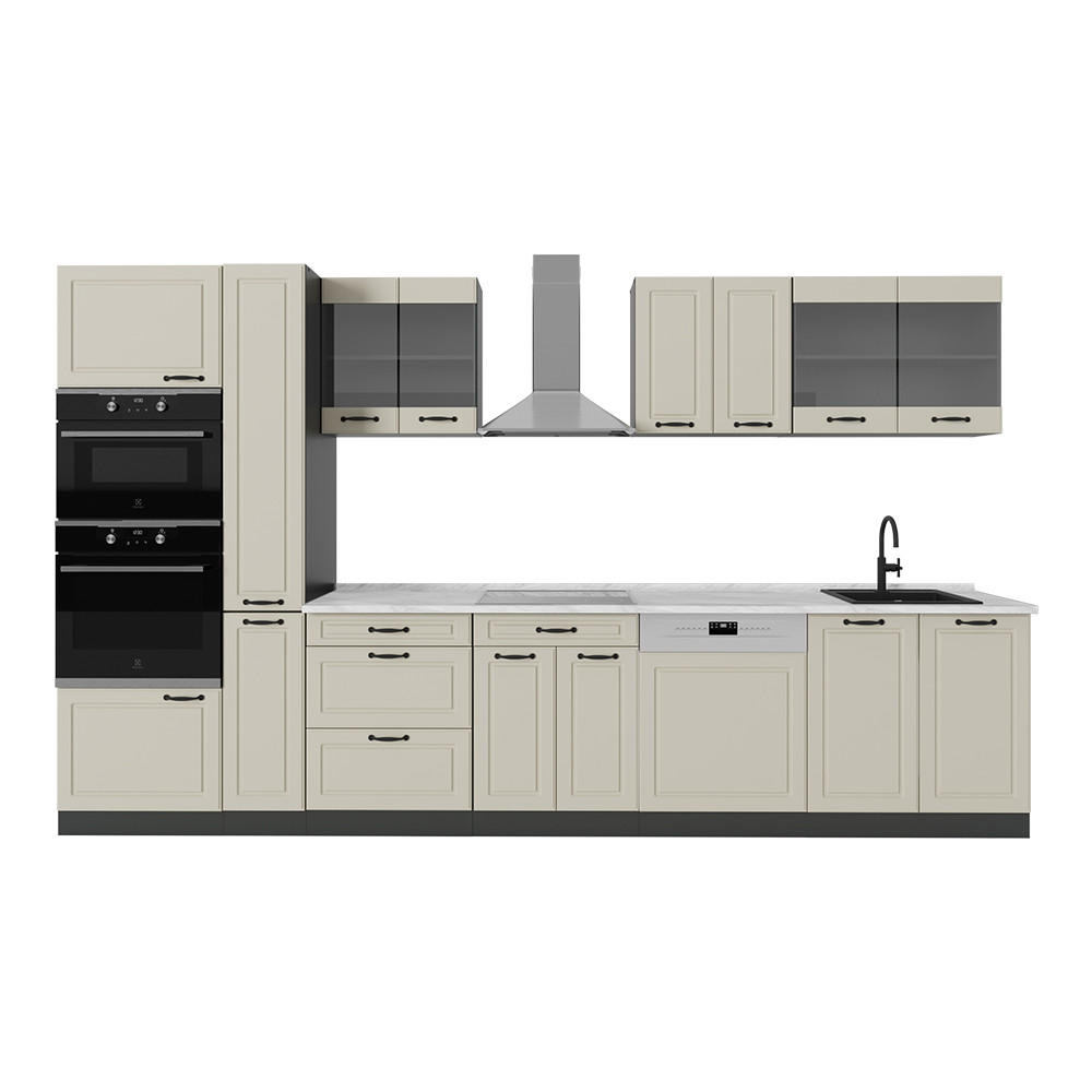 KÜCHENZEILE R-Line, Sand Landhaus/Anthrazit, 350 cm Arbeitsplatte Marmor - Beige/Anthrazit, Holzwerkstoff (350/206.8/60cm) - Vicco