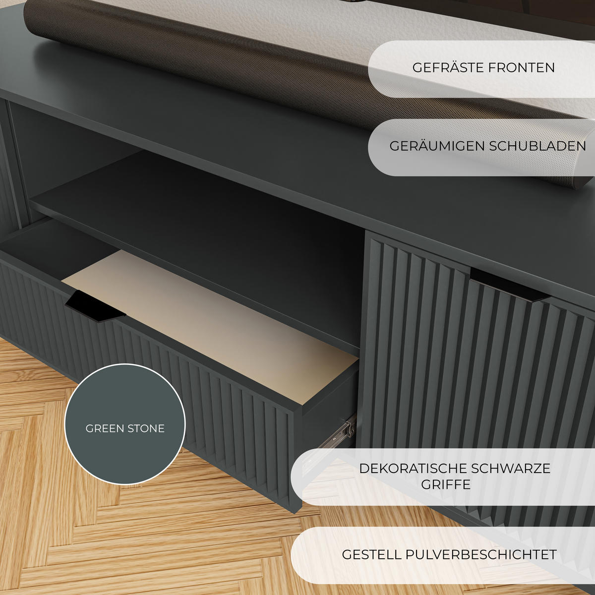 TV-LOWBOARD groß mit 1 Schublade und 2 Türen, Grün - Grün, Holzwerkstoff (165/56/41cm) - Idohome